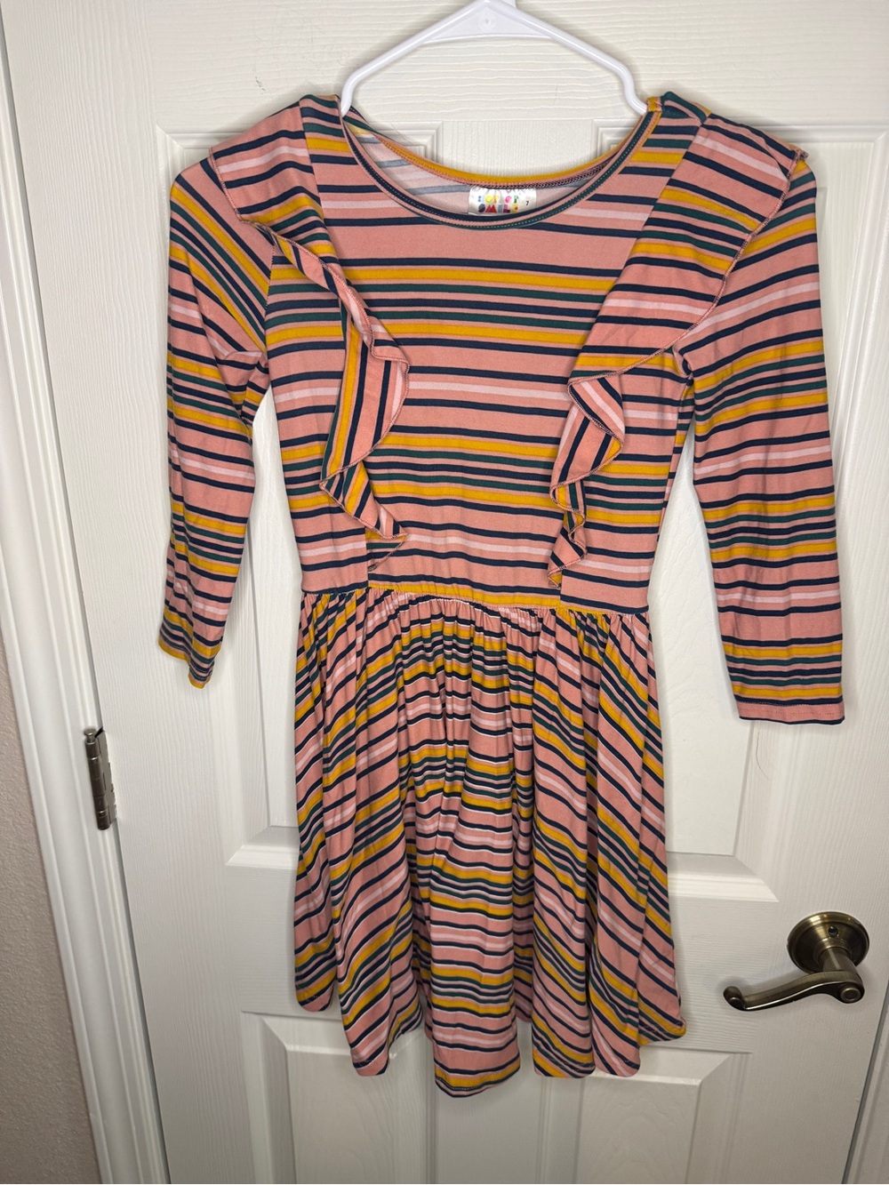 ⁠Boutique Smile Striped Ruffle Dress Size 7 Multi-Color Boho Fall School